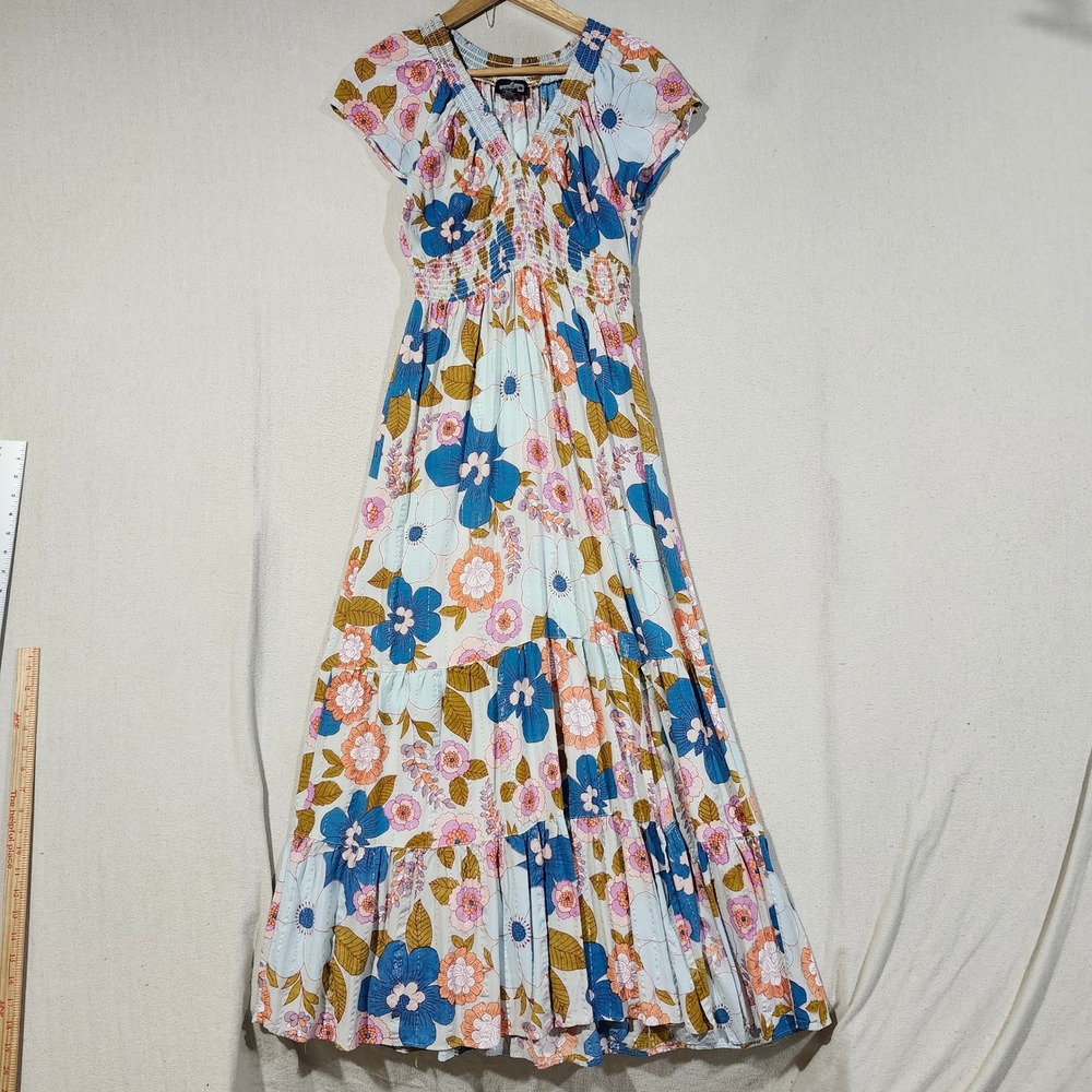 Angie Floral Maxi Dress Medium Blue Orange Smocked Waist Metallic Tiered Boho